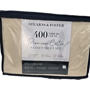 Stearns & Foster KING 400TC Sateen Sheet Set Beige 4 Pc 18" Pocket Luxury Cotton